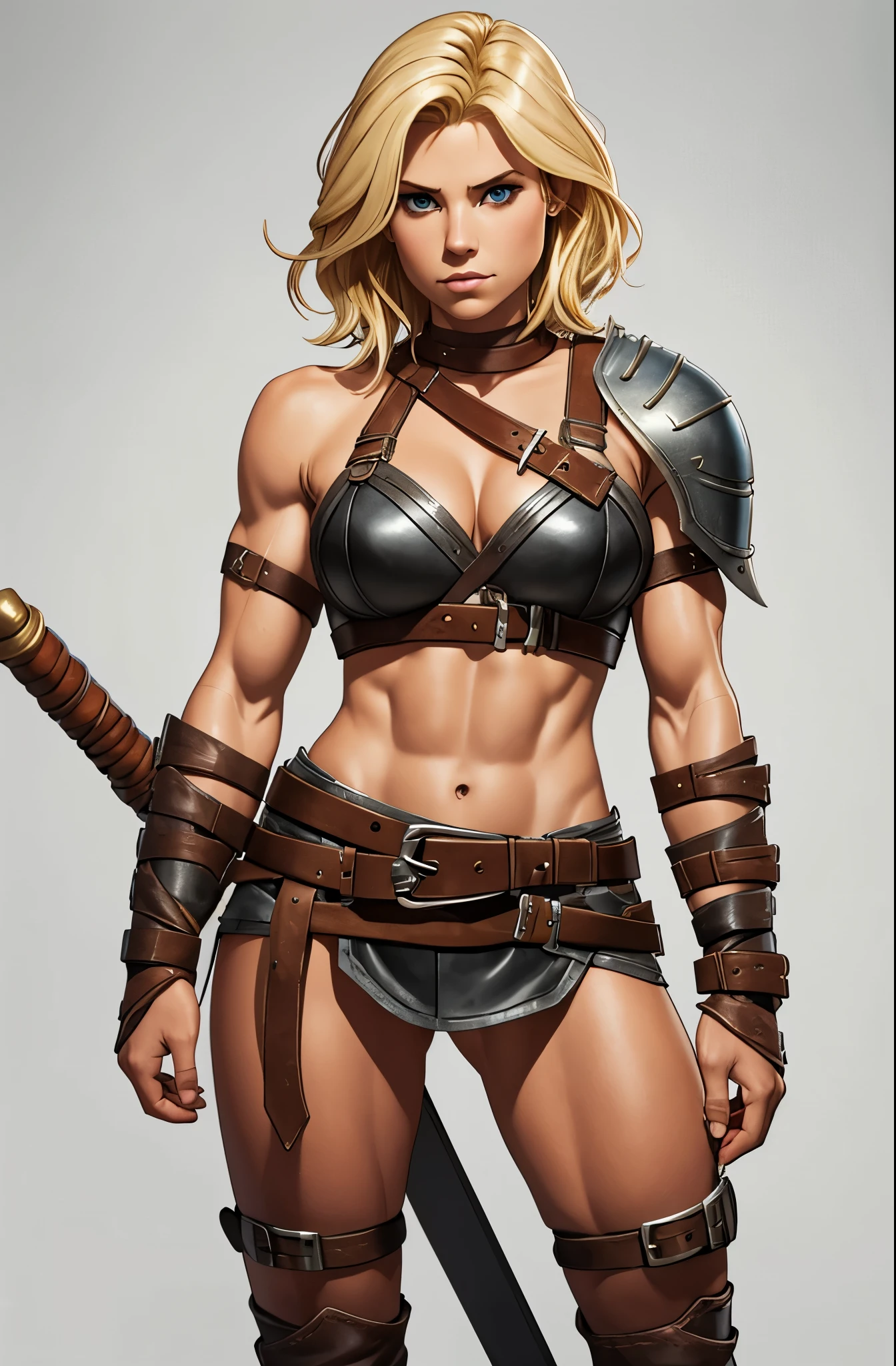 Lithe blonde knight woman, defined muscles, short wavy hair, barbarian queen, leather, straps, enslaved, dressed in rags, blank background, white background