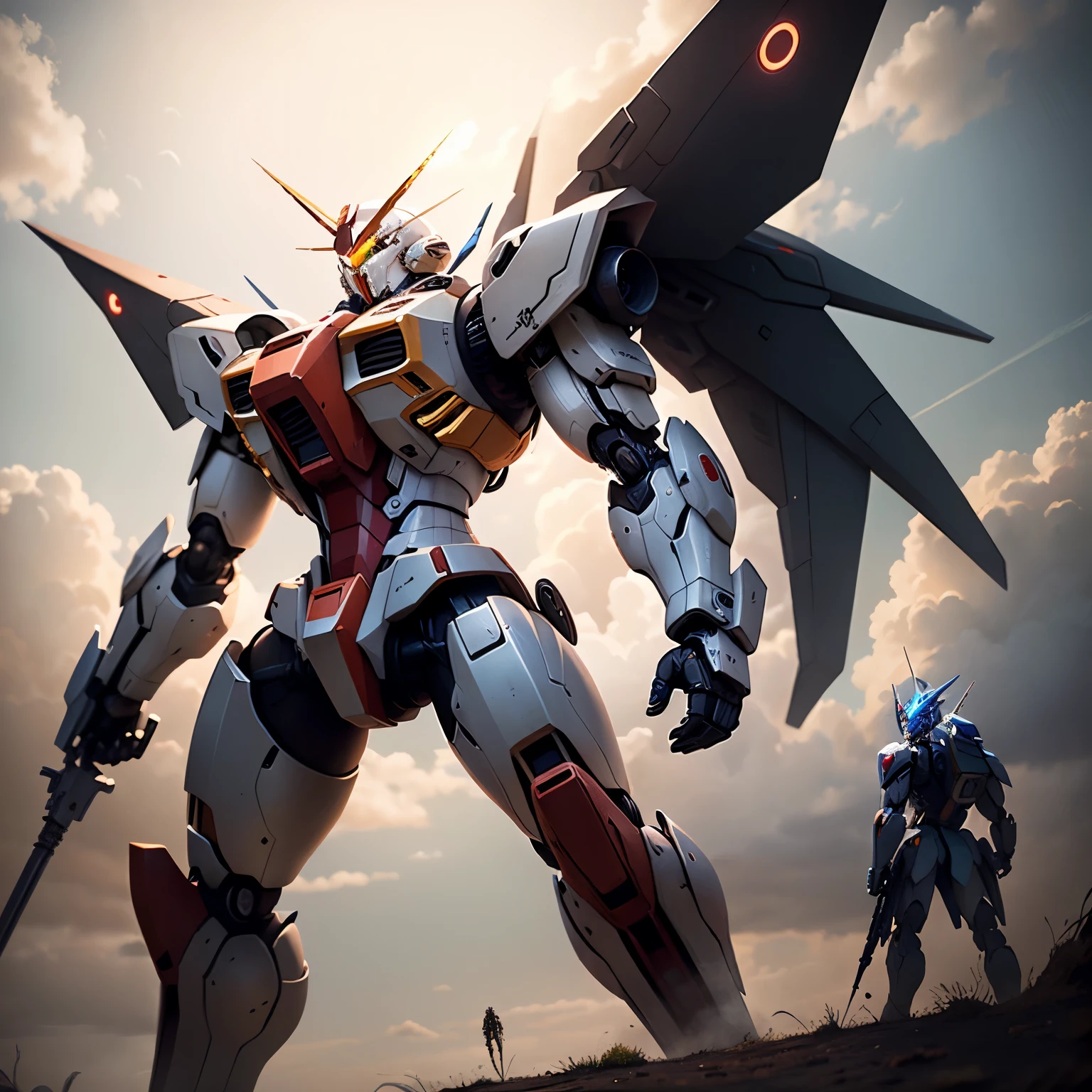 sky, cloud, flying pose, holding_weapon, no_humans, glowing, robot, jungle, glowing_eyes, mecha, science_fiction, real, mecha, masami ohari, gundam