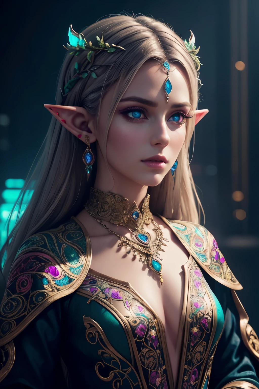 ""Hyperrealistic portrait of a beautiful Elf wearing intricately detailed colorful clothing and futuristic jewellery." intricate details, HDR, beautifully shot, hyperrealistic, sharp focus, 64 megapixels, perfect composition, high contrast, cinematic, atmospheric, moody synthwave neon retro"