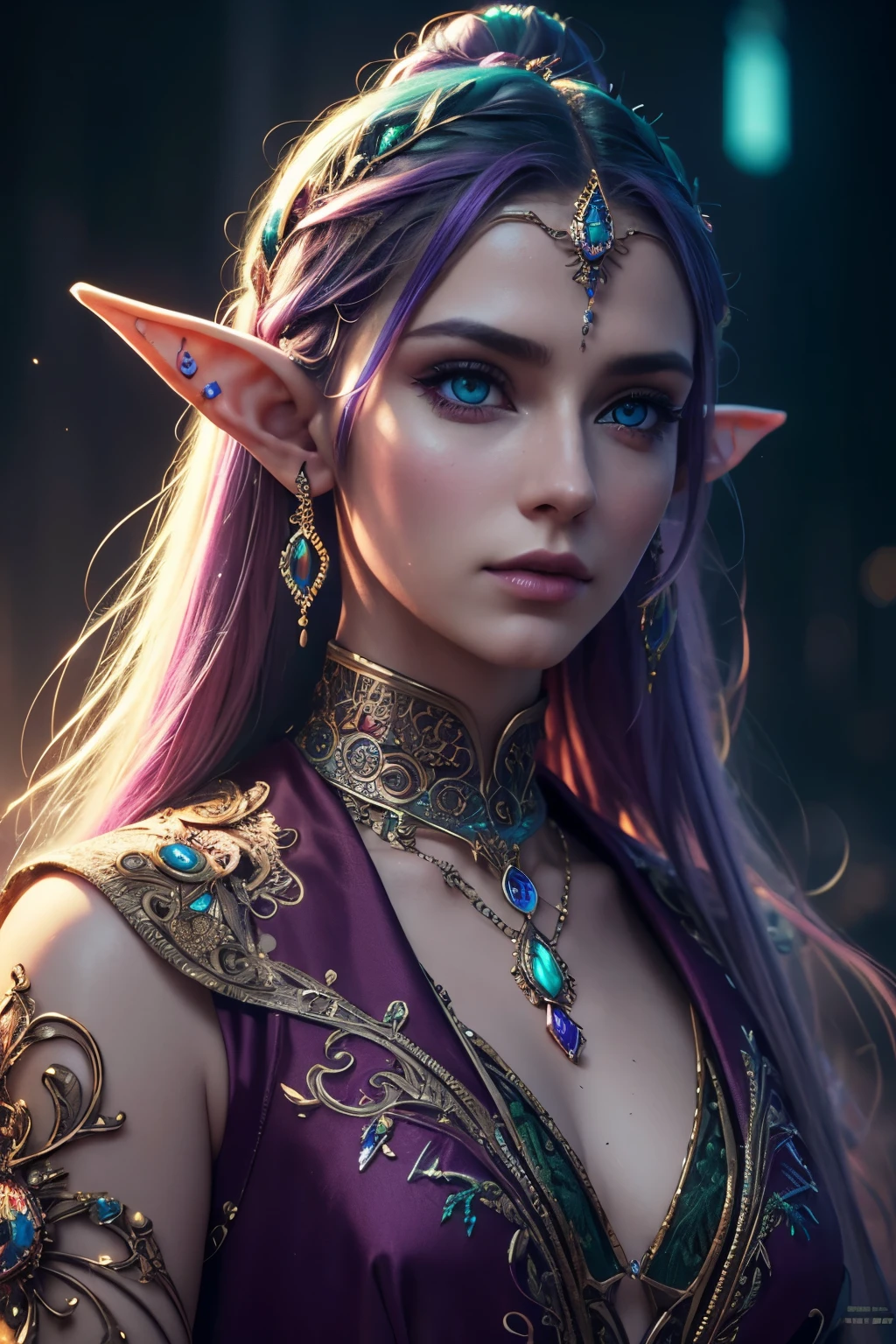 ""Hyperrealistic portrait of a beautiful Elf wearing intricately detailed colorful clothing and futuristic jewellery." intricate details, HDR, beautifully shot, hyperrealistic, sharp focus, 64 megapixels, perfect composition, high contrast, cinematic, atmospheric, moody synthwave neon retro"