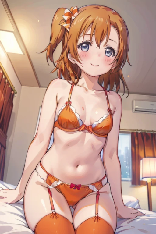 (((pixel perfect, Detail Perfect))), Solo, 1girl in, Kousaka Honoka, Looking at Viewer, ssmile,blush, Show erotic face viewer, From below, Focus, Beyond the particles of light, Love hotel bedroom, red orange bra,red orange garter belt,red orange underwear,red orange tights,medium chest,straddle