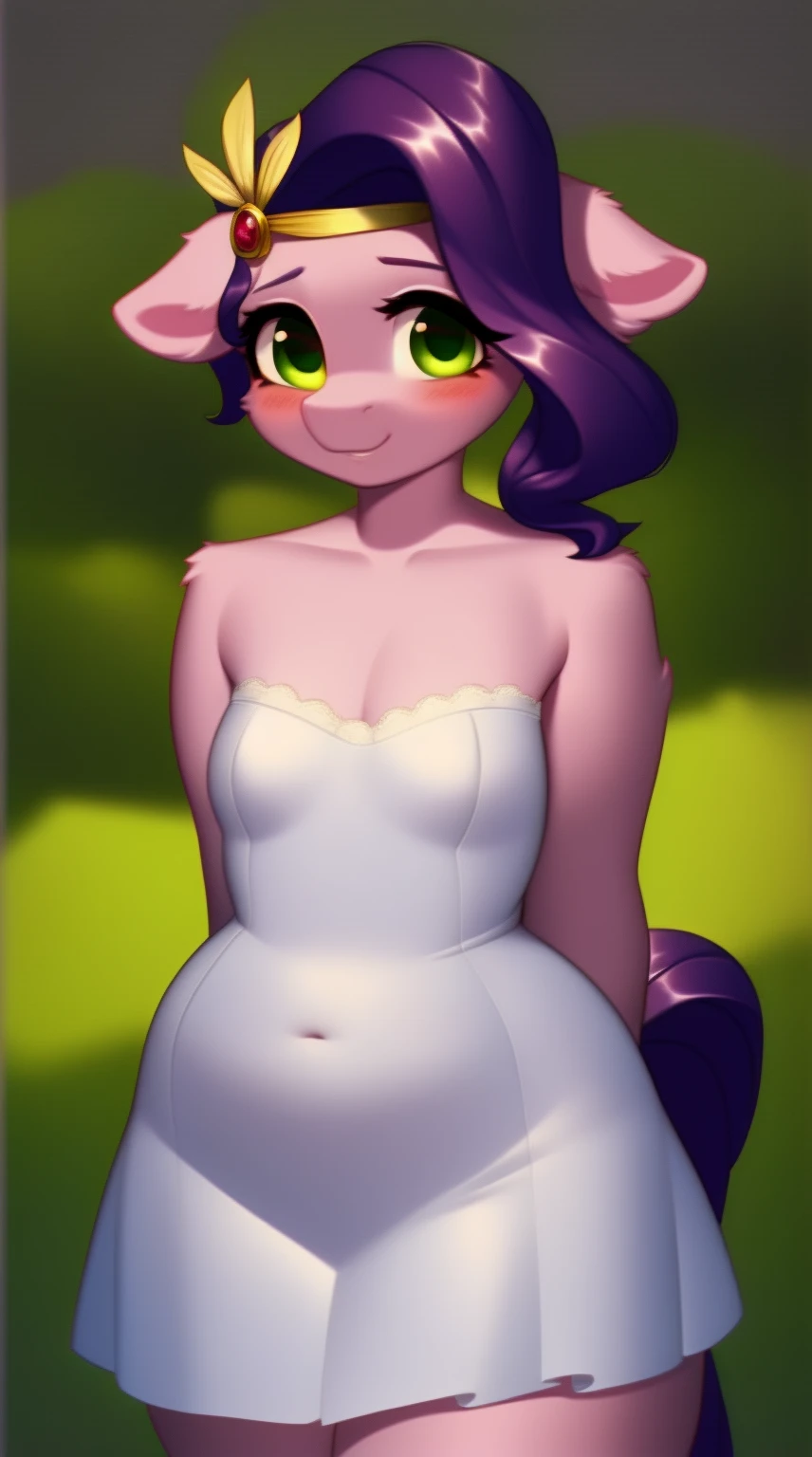 (score_9), (source_pony), (solo), (pegasus), ((anthro young pipp petals :1.1)), (strapless light teal dress), sexy, nervous smile ,floppy ears, blushing, long hair, anatomically correct, night garden, flat chest, half body, anime art style, solo, light purple fur, green eyes, arms behind back, hourglass figure, curvy, plump body, child, short, chubby, cute, high res, thick thighs,