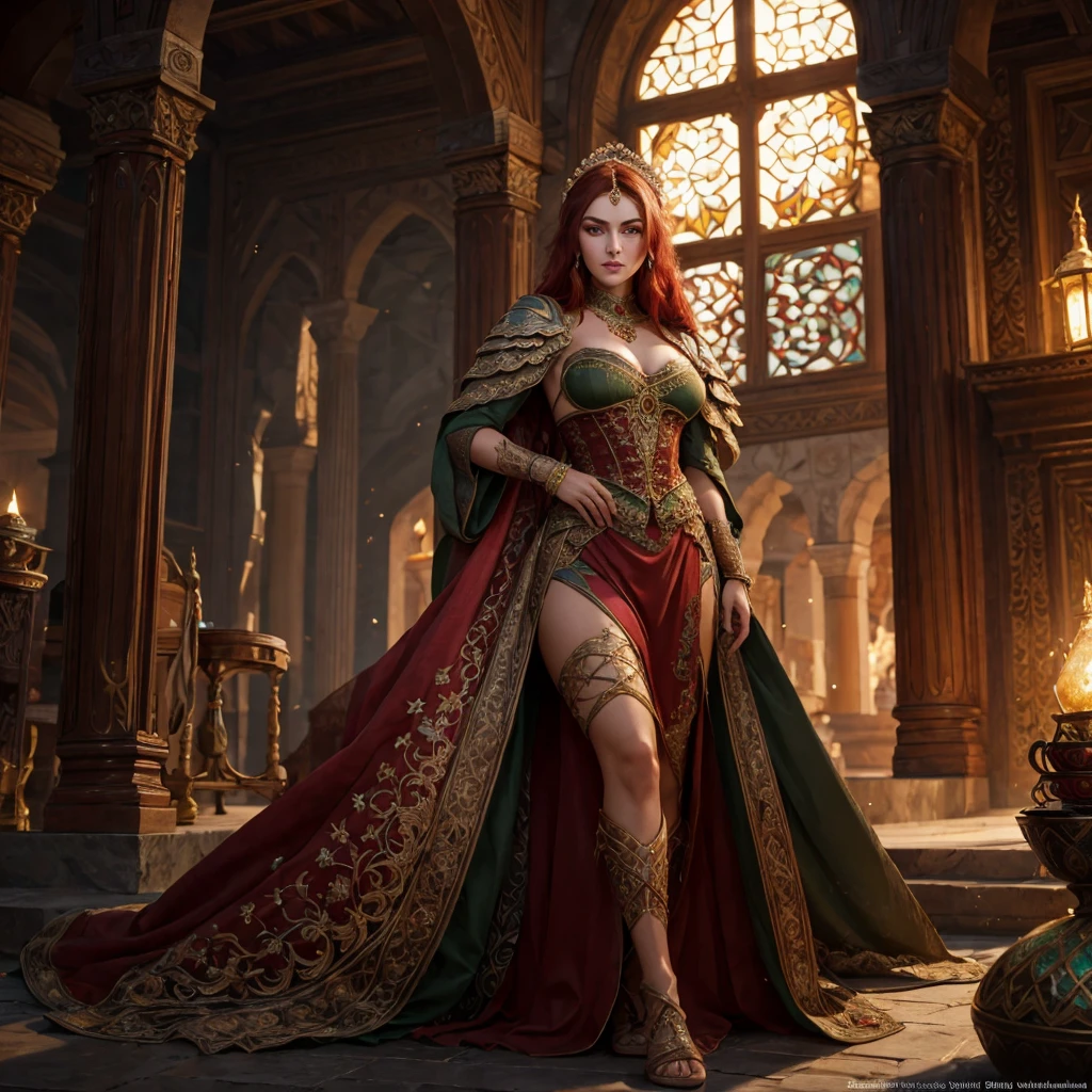 Roxelana, wife of the Ottoman Sultan, full body portrait, beautiful woman, green eyes, long red hair, tan skin, a masterpiece, 8k resolution, dark fantasy concept art, dynamic lighting, hyperdetailed, intricately detailed, Splash screen art, trending on Artstation, deep color, Unreal Engine