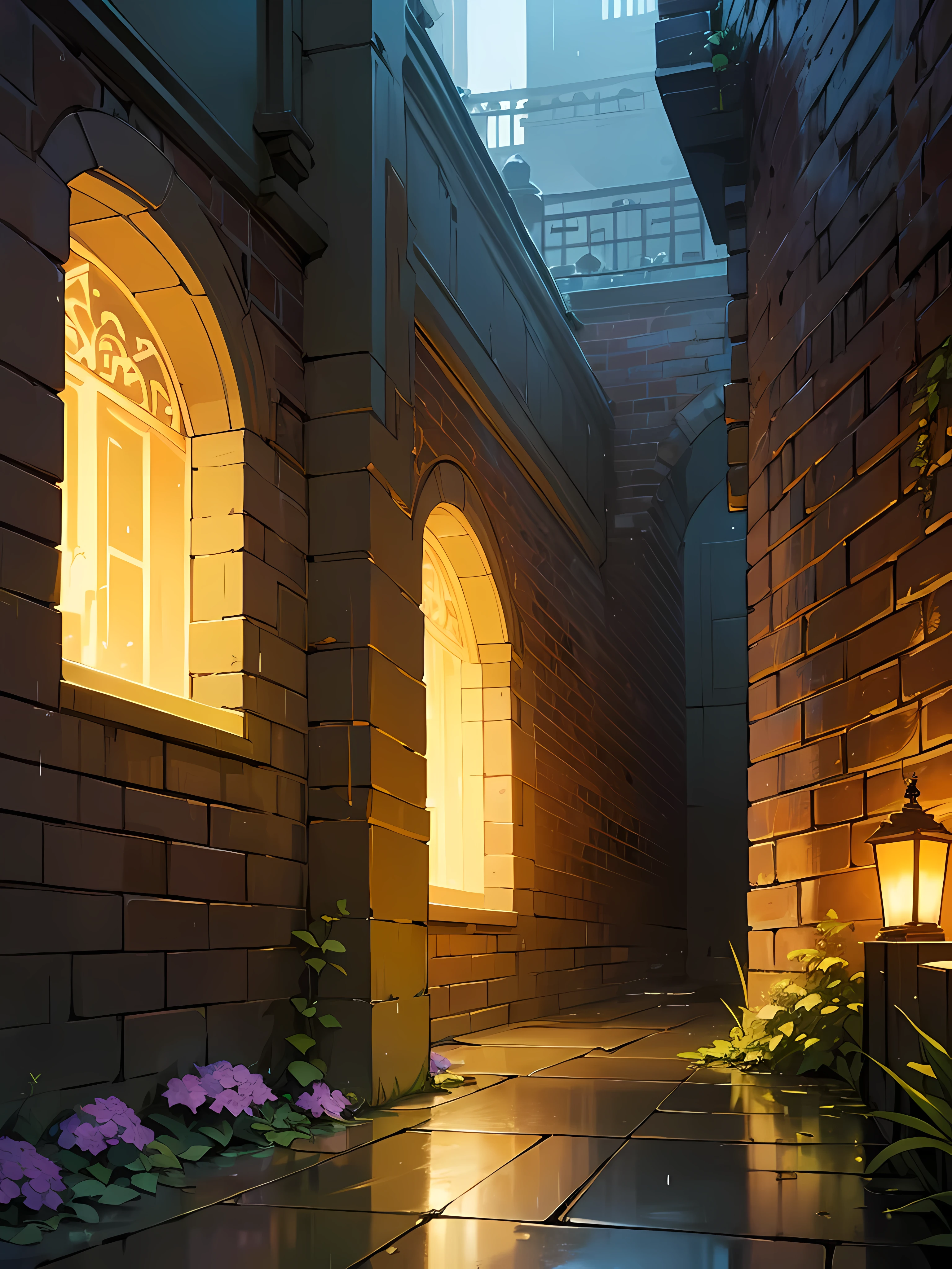 no_humans, (masterpiece, best quality:1.2), 32k uhd, (extremely intricate details:1.2), highres, brick wall, dark alley, side view, peepal, flowers, lamps, dark night, neutral density, after rain, colorful, hdr