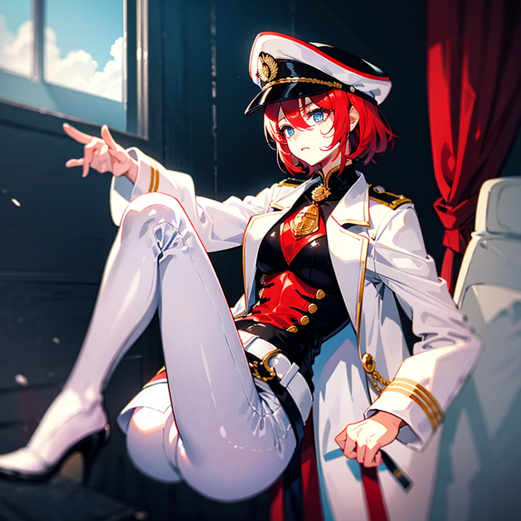 (((masterpiece)))、(((Top image quality)))、(((top-quality)))、(Illustration of one woman)、30-years old、(Viceroy)、((Red-haired shorthair))、(Thin hair hanging down both sides of the face)、Blue eyes、((Tall))、((Muscle Woman、stocky build、muscular legs、broad shoulders、solid chest))、((Military uniforms))、((Military Cap))、((Military coat))、(white clothes)、(White pants)、(White cap)、trench coat、((kosmos船の中))、(Outside the window、kosmos、kosmosから見た地球、kosmos港)