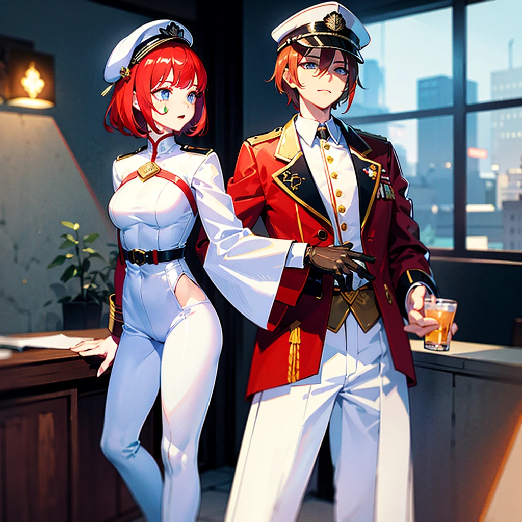 (((masterpiece)))、(((Top image quality)))、(((top-quality)))、(Illustration of one woman)、30-years old、(Viceroy)、((Red-haired shorthair))、(Thin hair hanging down both sides of the face)、Blue eyes、((Tall))、((Muscle Woman、stocky build、muscular legs、broad shoulders、solid chest))、((Military uniforms))、((Military Cap))、((Military coat))、(white clothes)、(White pants)、(White cap)、trench coat、((kosmos船の中))、(Outside the window、kosmos、kosmosから見た地球、kosmos港)