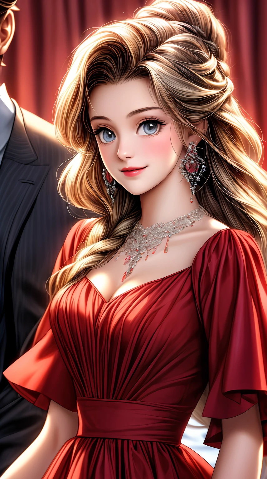 a close up of a man and a woman in a red dress, tangled, animated film, animated movie, in style of disney animation, disney style, disney movie, disney art style, art in the style of disney, animated movie scene, animated movie still, full resolution, animation film, background focus, disney character style, photorealistic disney, frozen ii klaus film