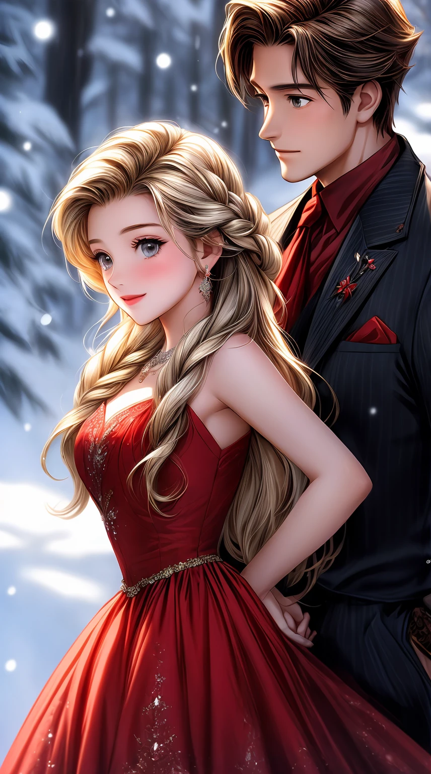 a close up of a man and a woman in a red dress, tangled, animated film, animated movie, in style of disney animation, disney style, disney movie, disney art style, art in the style of disney, animated movie scene, animated movie still, full resolution, animation film, background focus, disney character style, photorealistic disney, frozen ii klaus film
