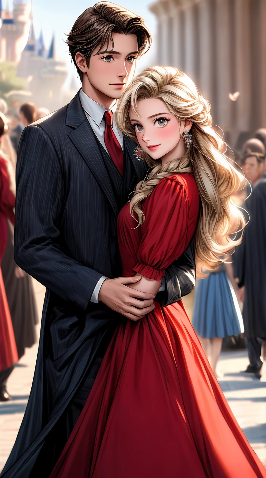 a close up of a man and a woman in a red dress, tangled, animated film, animated movie, in style of disney animation, disney style, disney movie, disney art style, art in the style of disney, animated movie scene, animated movie still, full resolution, animation film, background focus, disney character style, photorealistic disney, frozen ii klaus film