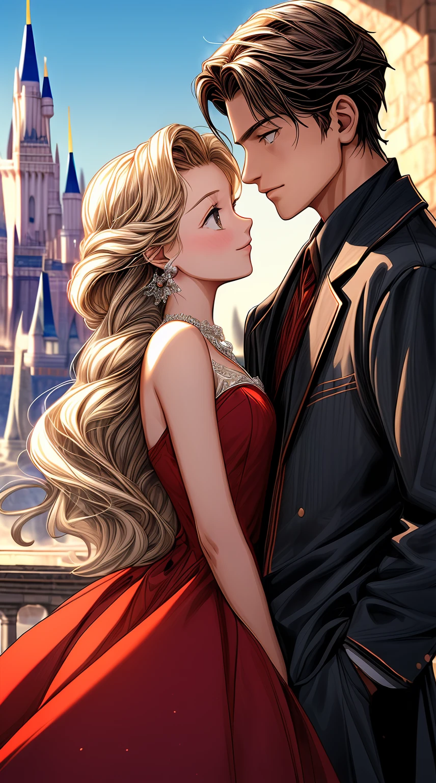 a close up of a man and a woman in a red dress, tangled, animated film, animated movie, in style of disney animation, disney style, disney movie, disney art style, art in the style of disney, animated movie scene, animated movie still, full resolution, animation film, background focus, disney character style, photorealistic disney, frozen ii klaus film