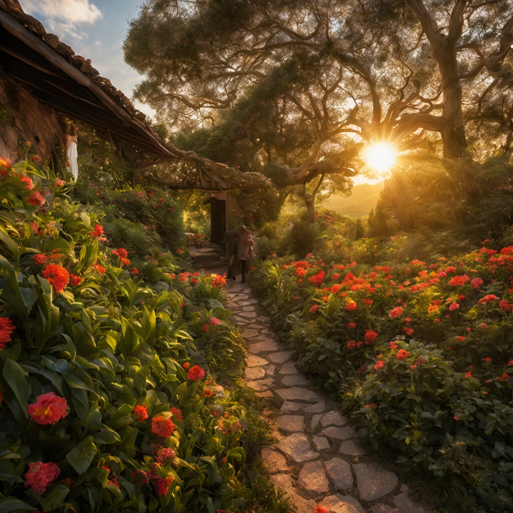 octano, heaven, Paisagem, 1 girl "Alexandra Daddario", dentro de um jardim de FLORES brancas，e o sol brilhava intensamente，The light from the back window is backlighted, Existe um caminho no meio do mar de flores，there is space between，There is a path in the center of the screen，The path leads to the distance，Quase real e muito virtual，FLORES brancas，There&#39;uma estrada no meio que leva para longe，the setting sun，变得 and the sun shone brightly，rico em detalhes，fotorrealista，Realismo，4K分辨率，textura rica，The painting style is smooth