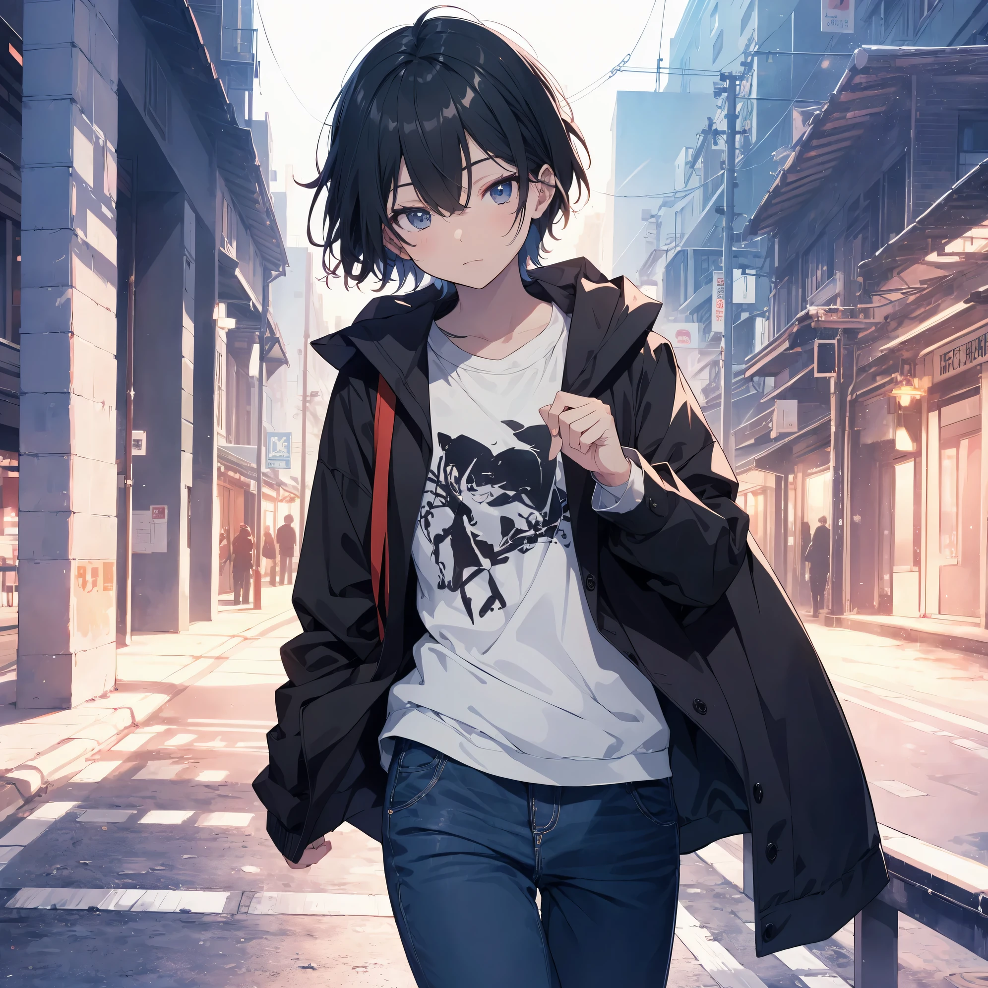 Super high quality by the art god, Ultra-detailed, High resolution, anime moe art style, best anime 8K konachan wallpaper, Pixiv Contest Winner, Perfect ???????, BREAK,(Draw a girl sleepily walking to school. ),BREAK, 1girl in, (Solo,Lori,child,13years:1.3),Full limbs, complete fingers,a junior high school student, Androgynous attraction, (Very short hair), Sleeping hair, hair messy, flat chest, Small butt, groin, Small eyes,Beautiful detailed black eyes, Well-proportioned iris and pupils, disgusted eye, High resolution detailed hair, School uniform, Skirt, On the way to school. BREAK,Ultra-detailed細なスキン, Best lighting by famous artists, 8K, Illustration,