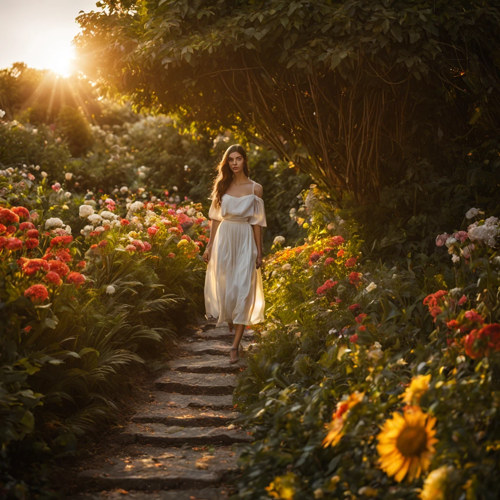 octano, heaven, Paisagem, 1 girl "Alexandra Daddario", dentro de um jardim de FLORES brancas，e o sol brilhava intensamente，The light from the back window is backlighted, Existe um caminho no meio do mar de flores，there is space between，There is a path in the center of the screen，The path leads to the distance，Quase real e muito virtual，FLORES brancas，There&#39;uma estrada no meio que leva para longe，the setting sun，变得 and the sun shone brightly，rico em detalhes，fotorrealista，Realismo，4K分辨率，textura rica，The painting style is smooth