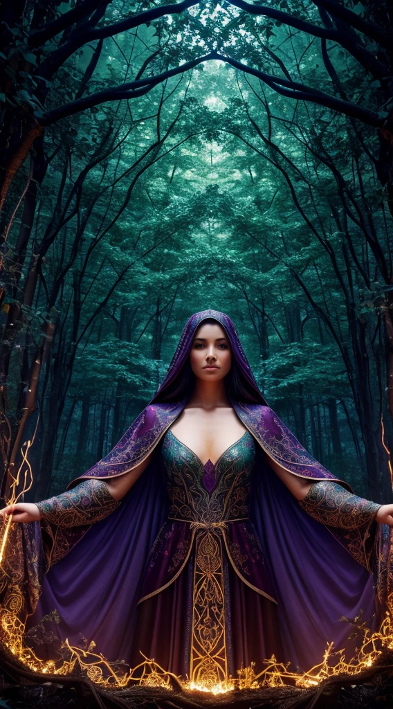 A sorceress-like figure in an enchanted forest, cloaked in robes made of intertwined vines and enchanted flora, her hands conjuring a swirling vortex of elemental magic amidst a kaleidoscope of swirling colors.