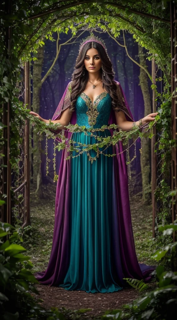 A sorceress-like figure in an enchanted forest, cloaked in robes made of intertwined vines and enchanted flora, her hands conjuring a swirling vortex of elemental magic amidst a kaleidoscope of swirling colors.