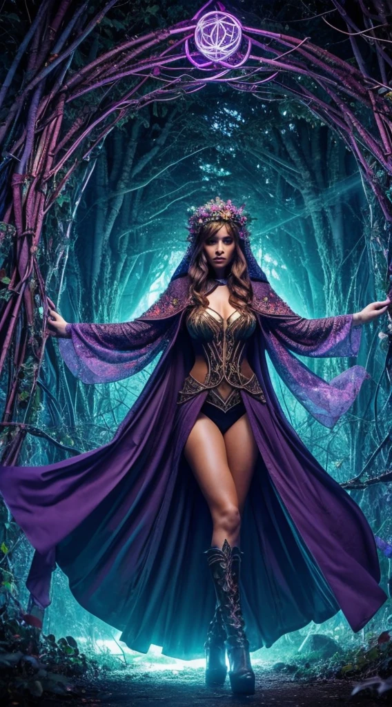 A sorceress-like figure in an enchanted forest, cloaked in robes made of intertwined vines and enchanted flora, her hands conjuring a swirling vortex of elemental magic amidst a kaleidoscope of swirling colors.