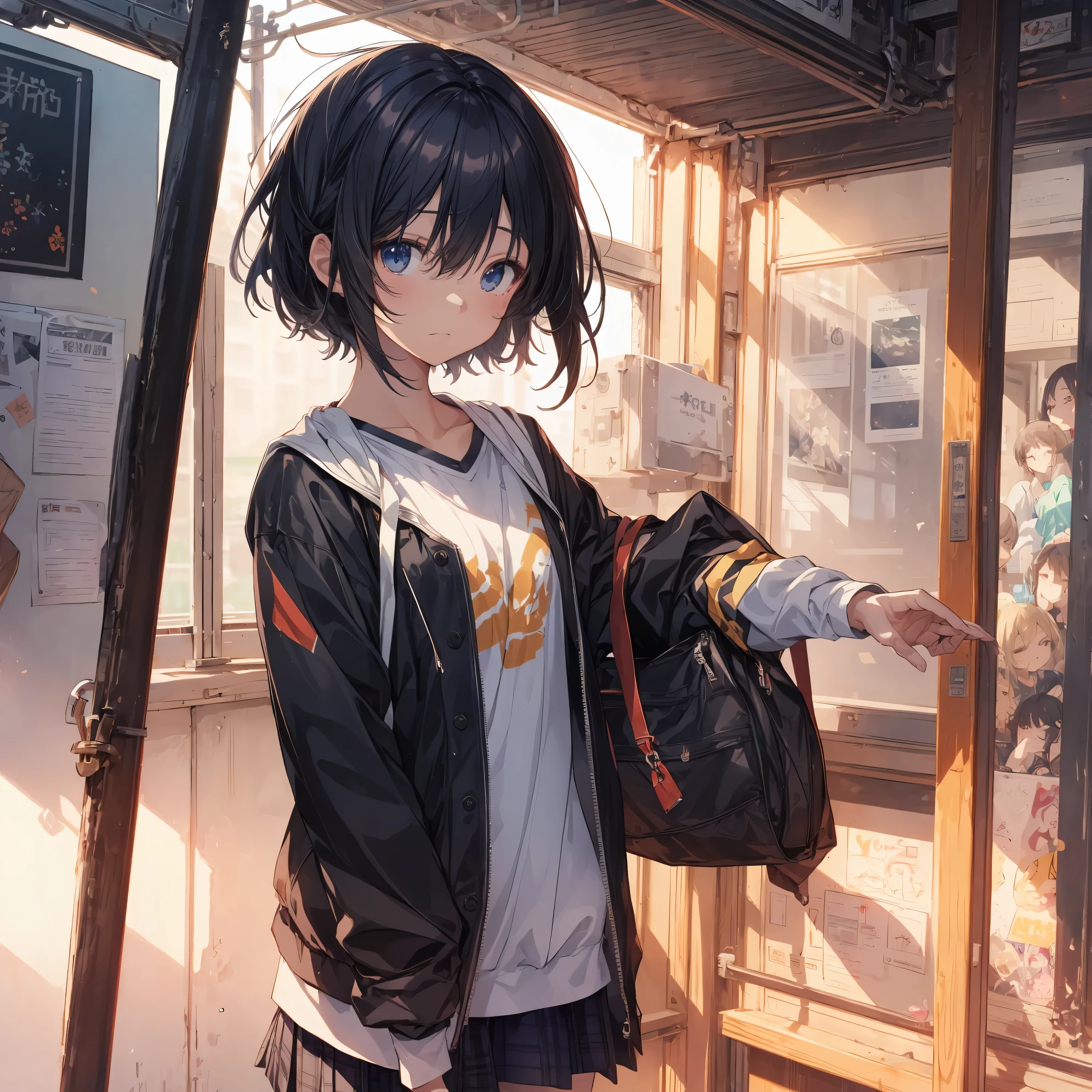 Super high quality by the art god, Ultra-detailed, High resolution, anime moe art style, best anime 8K konachan wallpaper, Pixiv Contest Winner, Perfect Anatomy, BREAK,(Draw a girl sleepily walking to school. ),BREAK, 1girl in, (Solo,Lori,child,13years:1.3),Full limbs, complete fingers,a junior high school student, Androgynous attraction, (Very short hair), Sleeping hair, hair messy, flat chest, Small butt, groin, Small eyes,Beautiful detailed black eyes, Well-proportioned iris and pupils, disgusted eye, High resolution detailed hair, School uniform, Skirt, On the way to school. BREAK,Ultra-detailed細なスキン, Best lighting by famous artists, 8K, Illustration,