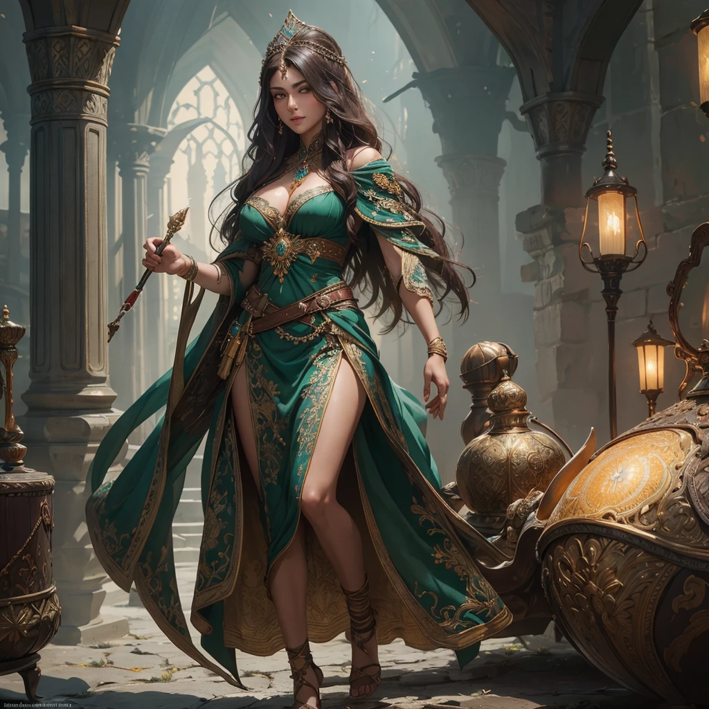 Roxelana, wife of the Ottoman Sultan, full body portrait, beautiful woman, green eyes, long hair, tan skin, a masterpiece, 8k resolution, dark fantasy concept art, dynamic lighting, hyperdetailed, intricately detailed, Splash screen art, trending on Artstation, deep color, Unreal Engine