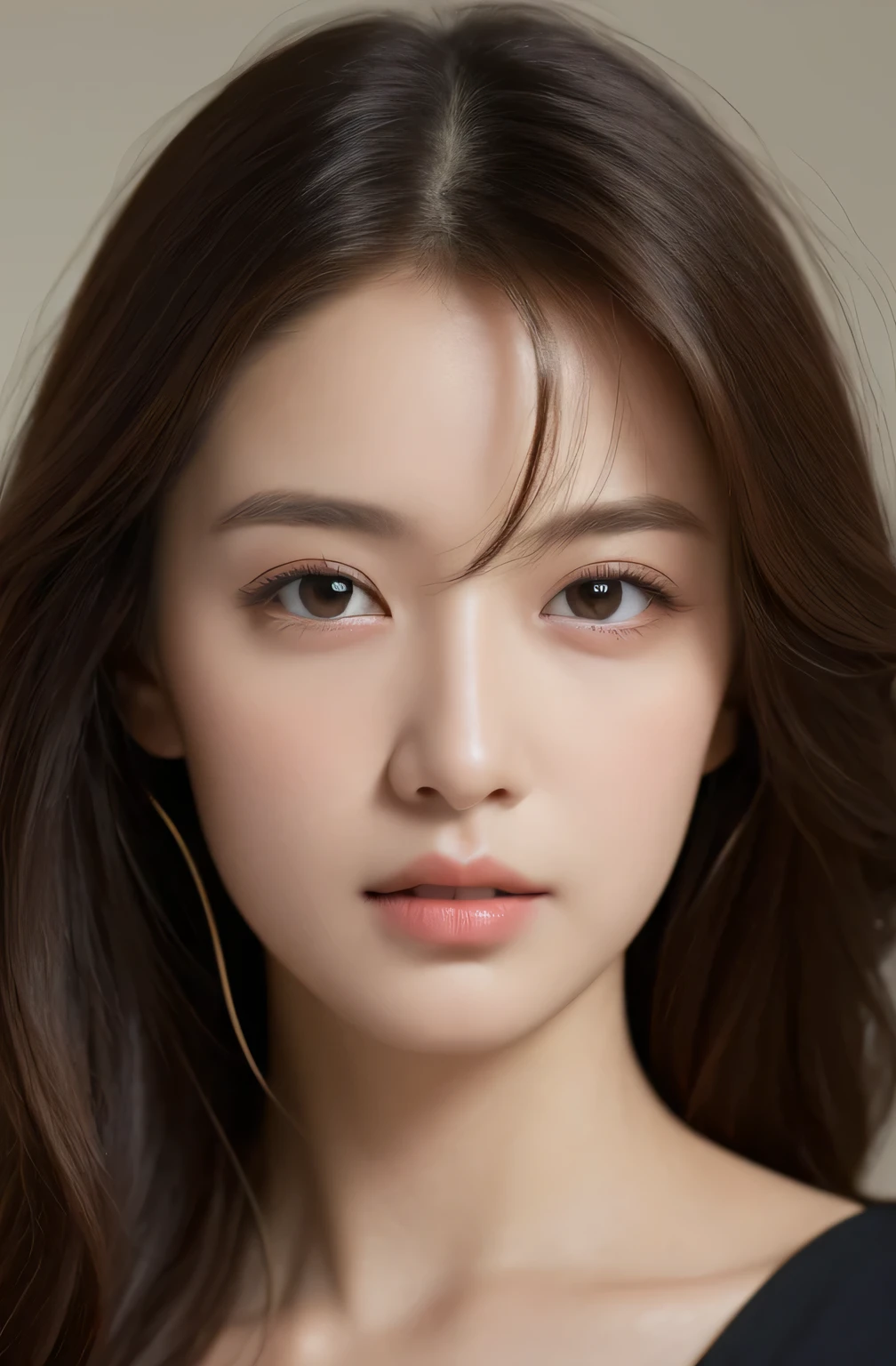 Best quality, realistically, ultra - detailed, Detailed pubic hair, A high resolution, 8k wallpaper, Beautiful woman of 35 years old,light brown messy hair, Wear a dark suit, lock focus, Perfect dynamic composition, beautidful eyes, Delicate hair, 细致realistically的皮肤纹理, Cool emoticon, closeup portrait, Model body type