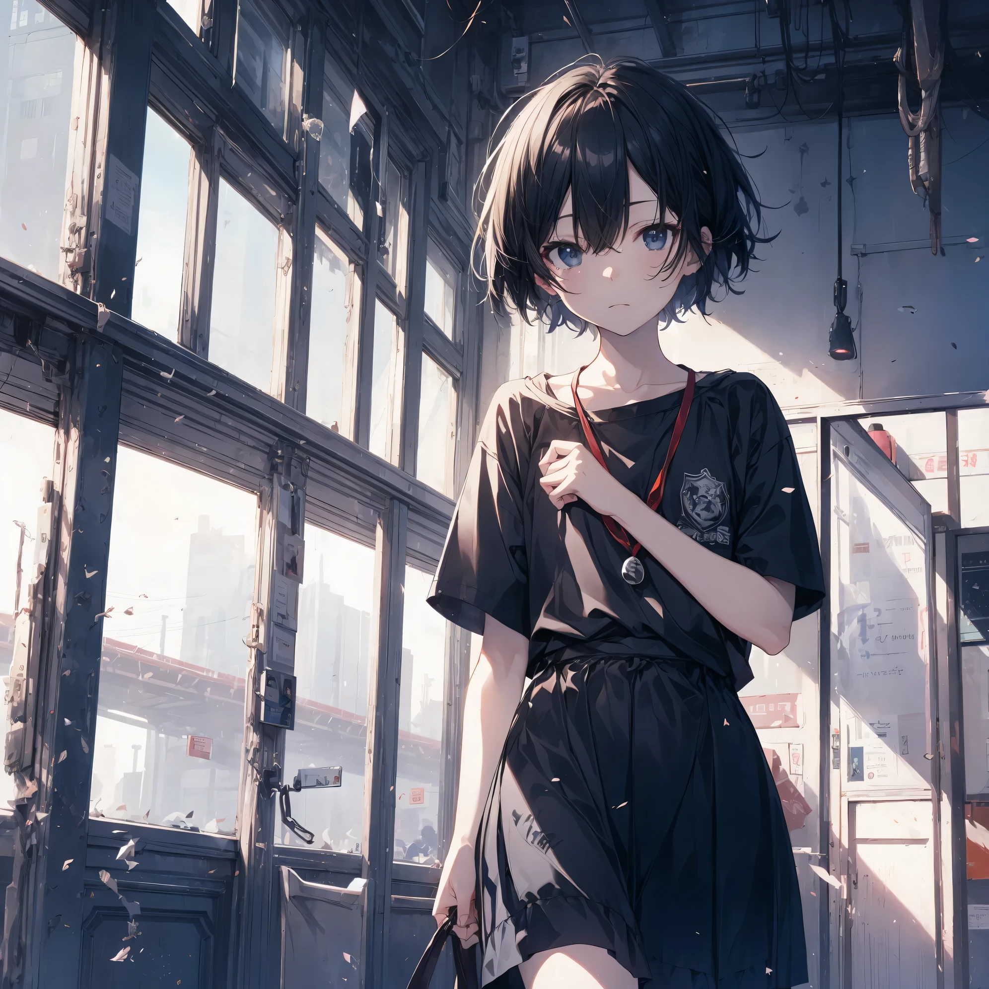 Super high quality by the art god, Ultra-detailed, High resolution, anime moe art style, best anime 8K konachan wallpaper, Pixiv Contest Winner, Perfect Anatomy, BREAK,(Draw a girl sleepily walking to school. ),BREAK, 1girl in, (Solo,Lori,child,13years:1.3),Full limbs, complete fingers,a junior high school student, Androgynous attraction, (Very short hair), Sleeping hair, hair messy, flat chest, Small butt, groin, Small eyes,Beautiful detailed black eyes, Well-proportioned iris and pupils, disgusted eye, High resolution detailed hair, School uniform, Skirt, On the way to school. BREAK,Ultra-detailed細なスキン, Best lighting by famous artists, 8K, Illustration,