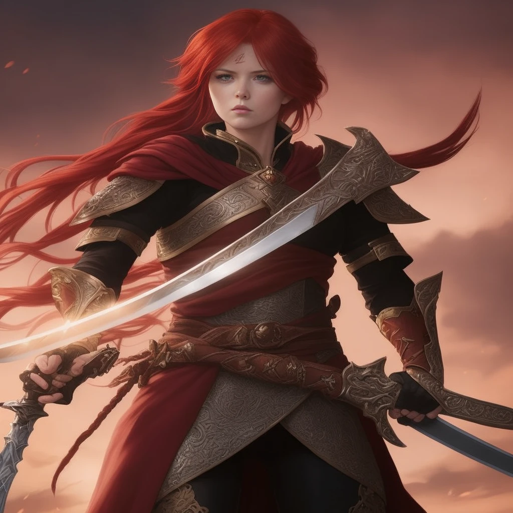 Close-up of a person with a sword and red hair, female redhead templar, graphic artist magali villeneuve, sakimi, Stunning character art, epic exquisite character art, 2. 5 d cgi anime fantasy artwork, redhead queen in heavy red armor, sakimi chan, xianxia hero, silvain sarrailh, shadowverse character concept