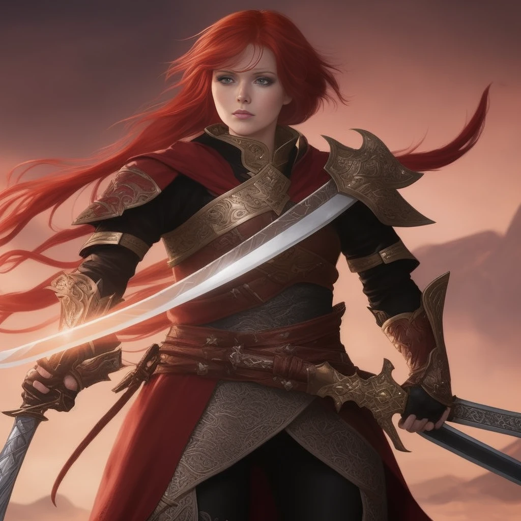 Close-up of a person with a sword and red hair, female redhead templar, graphic artist magali villeneuve, sakimi, Stunning character art, epic exquisite character art, 2. 5 d cgi anime fantasy artwork, redhead queen in heavy red armor, sakimi chan, xianxia hero, silvain sarrailh, shadowverse character concept