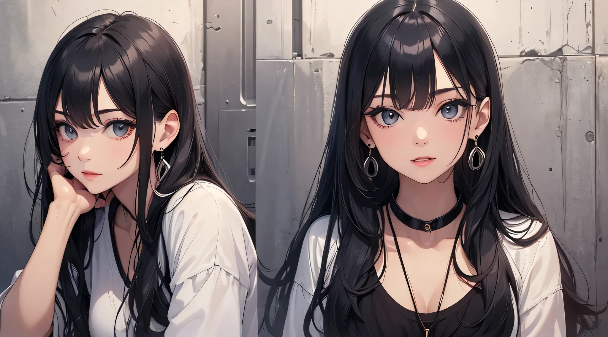 top-quality、Top image quality、masterpiece、Teenage girl((White shirt、Long black trousers、18year old、 Ager、Best Bust、big bast,Black eyes, blue hairs、A slender,Large valleys、red lipstick makeup、Cute earrings、銀の腕時計、Bring your chest together、Sit up、Eyeshadow that colors your eyes with a captivating pose、all-fours)),hiquality、Beautiful Art、Background with((white walls、Photography Studio))masterpiece、depth of fields,Camera Film Style