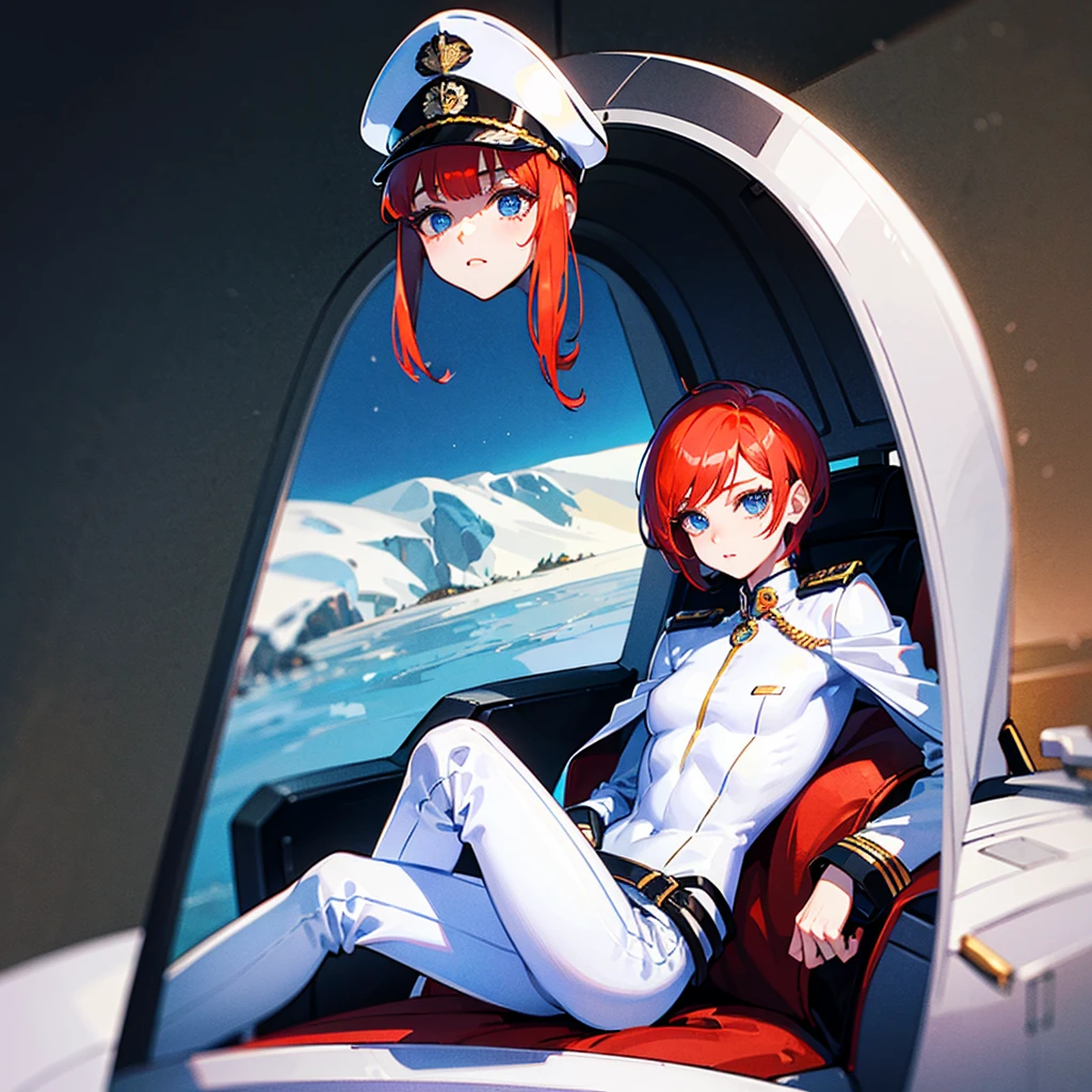 （（（​masterpiece）））、（（（Top image quality）））、（（（top-quality）））、（Illustration of one woman）、30-years old、（Viceroy）、（（Red-haired shorthair））、（Thin hair hanging down both sides of the face）、Blue eyes、（（Tall））、（（Muscle Woman、stocky build、muscular legs、broad shoulders、solid chest））、（（Military uniforms））、（（Military Cap））、（（Military coat））、（white  clothes）、（White pants）、（White cap）、trench coat、（（Inside the spaceship））