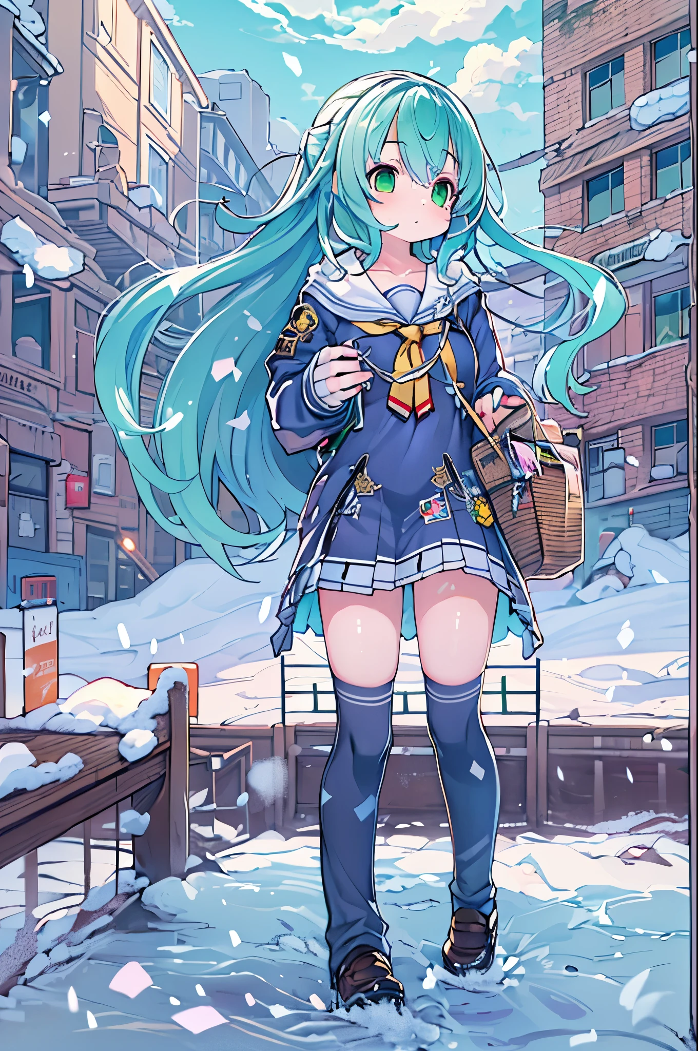 Best Quality,超A high resolution,1girl in,Solo,Full body,Snow,city,, Blue hair,Green eyes,nffsw,School uniform,bbw