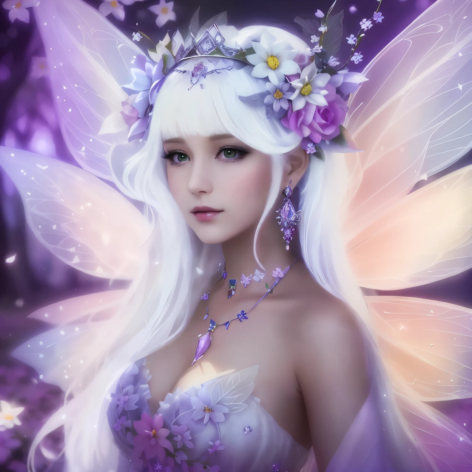 beautiful fairy, portrait of a fairy, Close-up of a girl with a flower crown on her head, white colored hair, white bangs, white wings, Beautiful glow, beautiful fantasy art, fantasy art style, beautiful fantasy art, digital fantasy art, portrait of a fairy, beautiful fairies, beautiful fairy, 8k high quality detailed art, As the Fairy Queen, Fairytale aesthetics