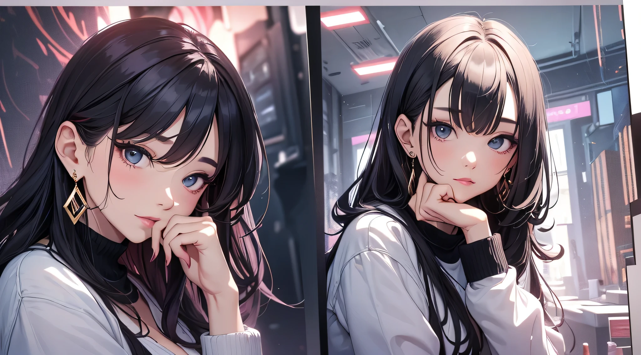 top-quality、Top image quality、​masterpiece、 girl((White shirt、Long black trousers、18year old、 Ager、Best Bust、big bast,Black eyes, blue hairs、A slender,Large valleys、red lipstick makeup、Cute earrings、銀の腕時計、Bring your chest together、Sit up、Eyeshadow that colors your eyes with a captivating pose、all-fours)),hiquality、Beautiful Art、Background with((white walls、Photography Studio))​masterpiece、depth of fields,Camera Film Style