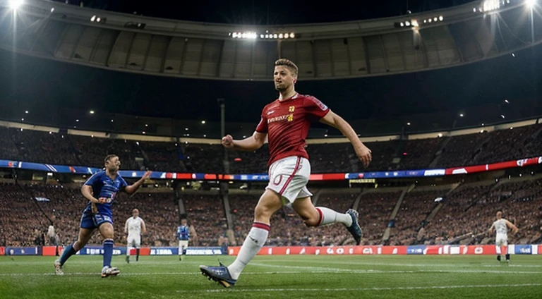 Soccer match between Chelsea and Liverpool teams in a stadium full of spectators in Europe. 40-year-old Brad Pitt with short hair running on the field.
"Using advanced algorithms of artificial intelligence and the most accurate settings to control the players' movements, it is ensured that unnatural interactions during the crossing of hands and feet are reduced to a minimum."