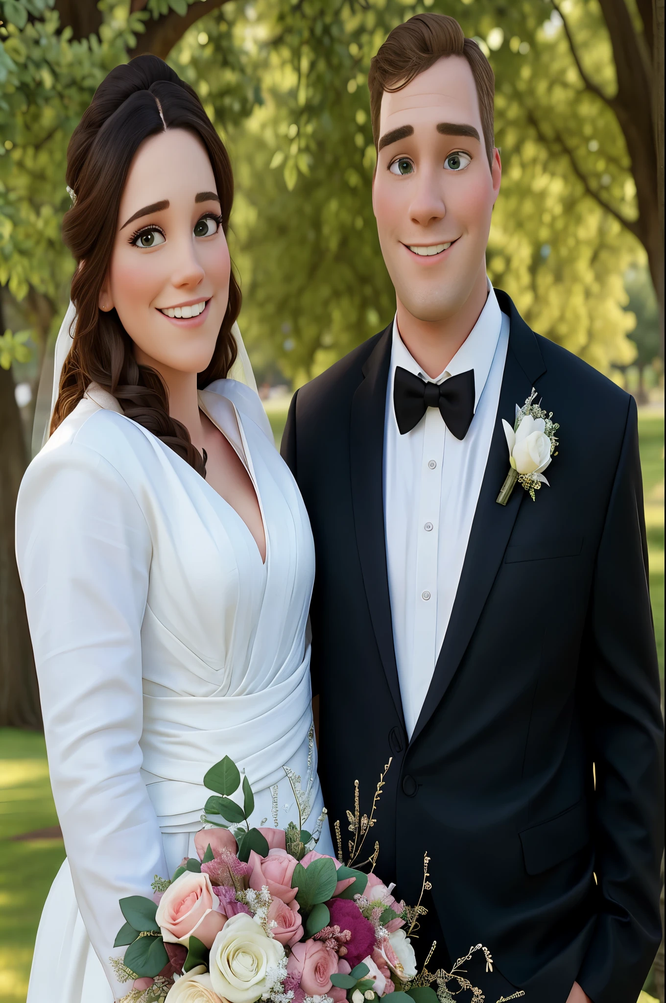 bride and groom posing for a picture in a park with a bouquet, bride and groom, wedding photo, happy couple, wedding, katey truhn, detailed portrait shot, couples portrait, millaise and greg rutkowski, tyler west, with a tree in the background, portrait of two people, finally, kate oleska and jim kay