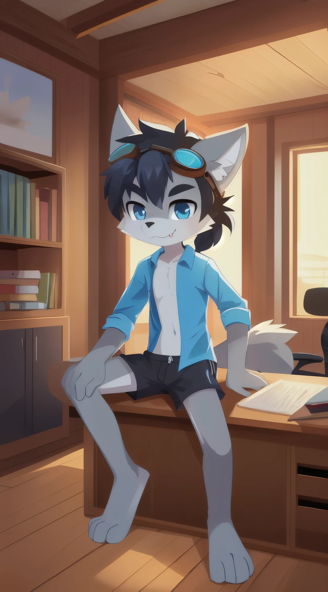 Furry shota, young, wolf, black hair, long spiky ponytail, blue eyes, detailed body fur, ((blue hawaiian shirt, open clothes, black swim trunks, goggles)), masterpiece, looking at you, fangs, clear grey body fur, detailed face, big eyebrows, detailed eyes, detailed body, detailed hands, flat body, glistering body, shiny body, skinny, full body, standing, room, sassy face, :3, full body, feets whit three toes, sitting on chair, desk,