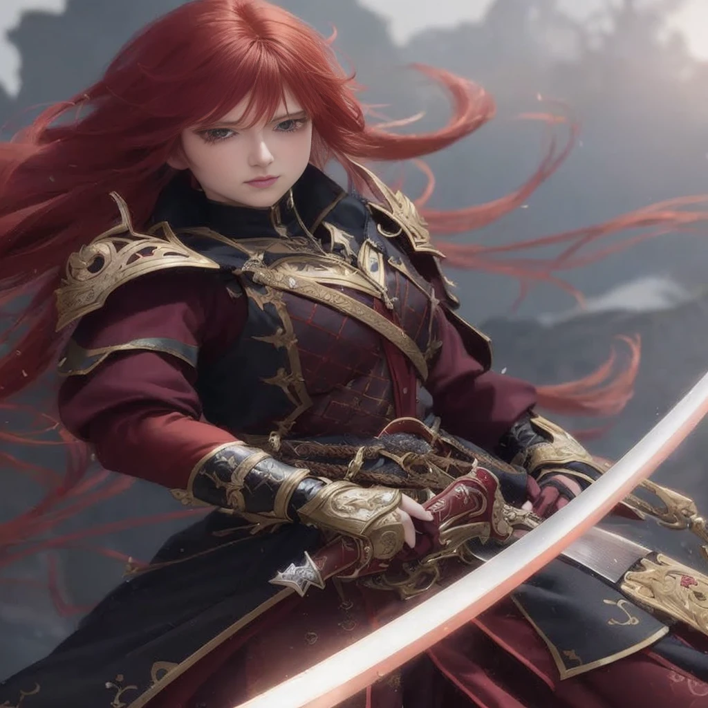 Holding a sword、red hair anime girl wearing red clothes, female redhead templar, epic exquisite character art, Stunning character art, beautiful character painting, by Yang J, epic fantasy character art, redhead queen in heavy red armor, she holds a sword, chengwei pan on artstation, 2. 5 d cgi anime fantasy artwork, detailed anime character art