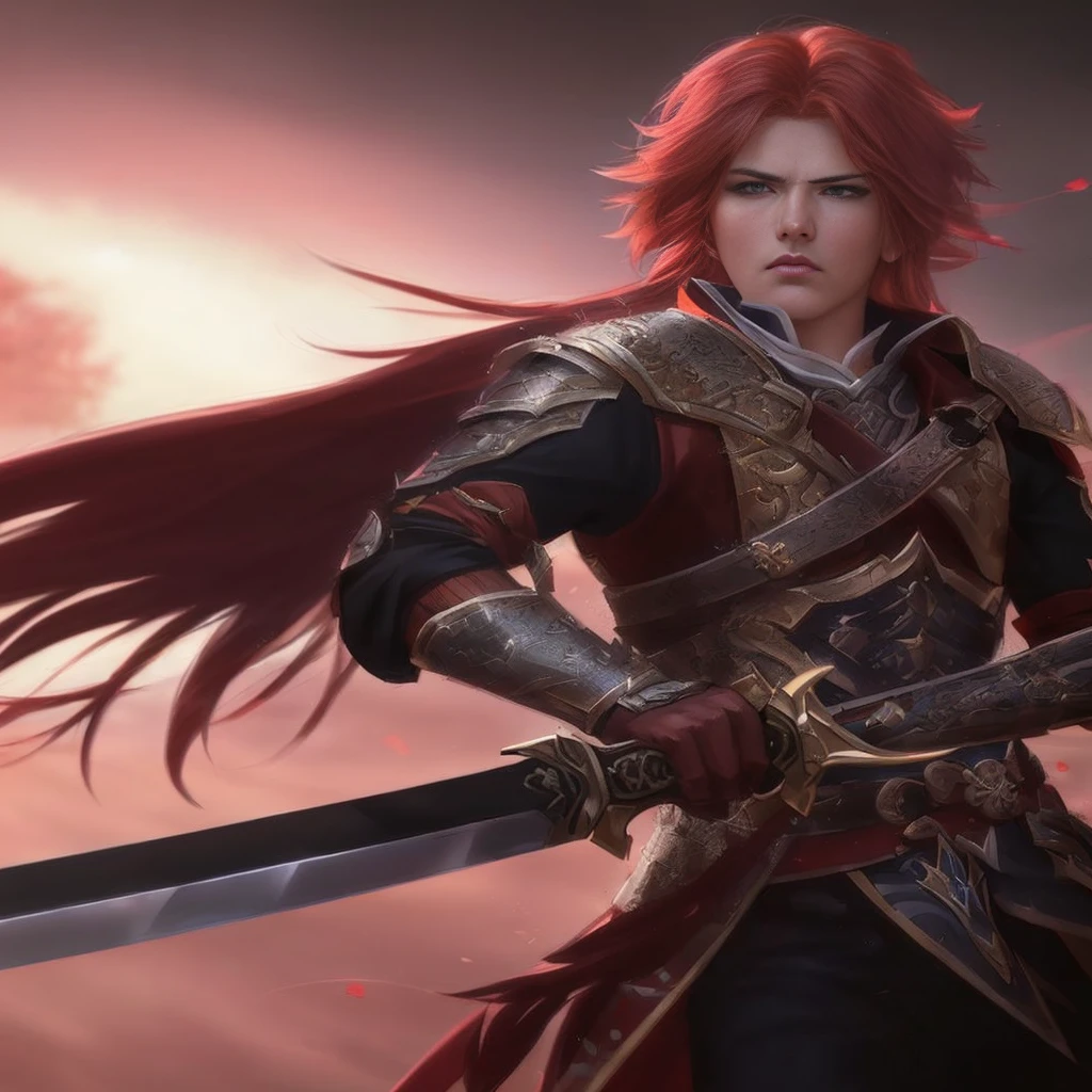 a close up of a person holding a sword and a sword, female redhead templar, Stunning character art, epic exquisite character art, redhead queen in heavy red armor, zhongli from genshin impact, 8k high quality detailed art, portrait of dragoon, male warrior, chengwei pan on artstation, bian lian, epic fantasy art style hd