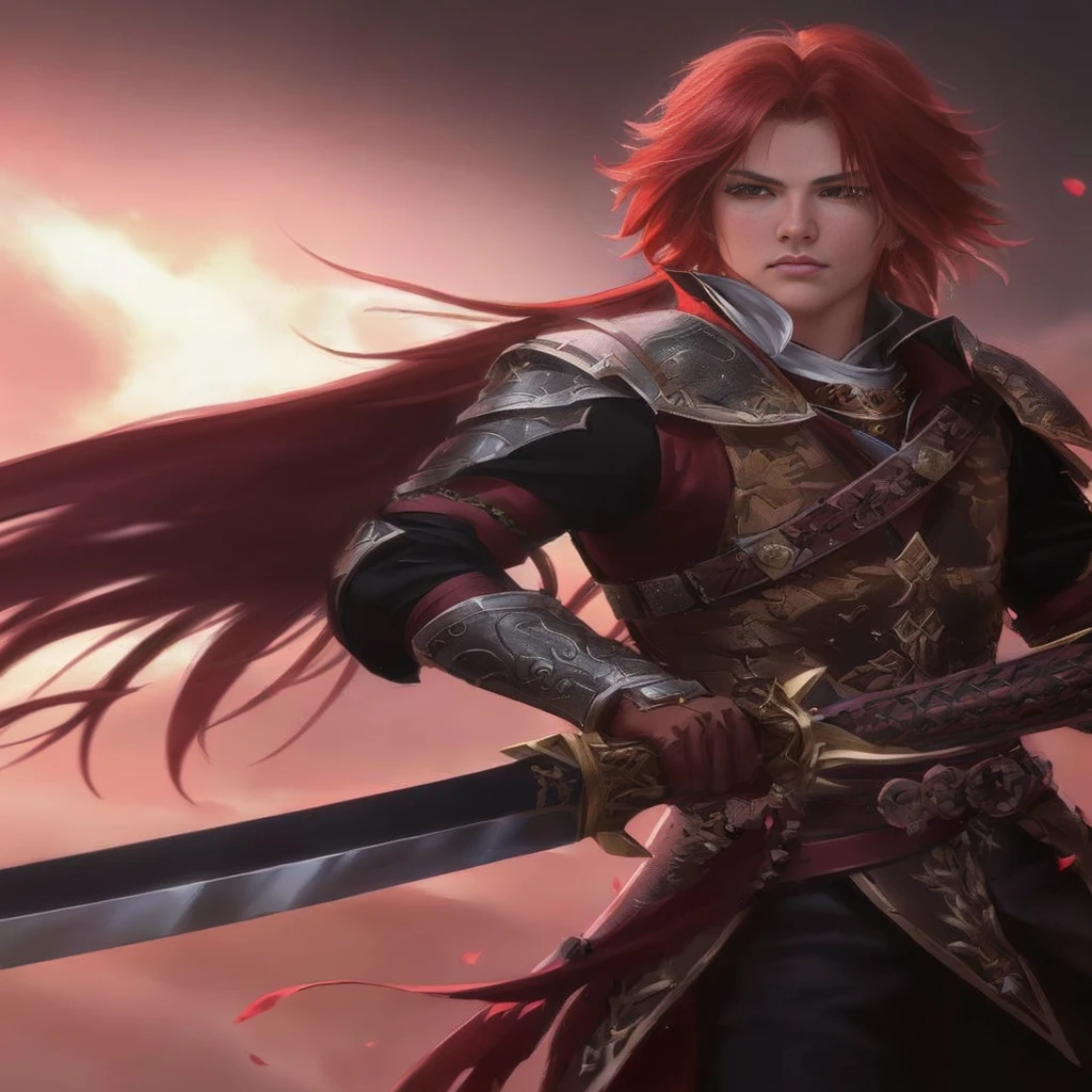 a close up of a person holding a sword and a sword, female redhead templar, Stunning character art, epic exquisite character art, redhead queen in heavy red armor, zhongli from genshin impact, 8k high quality detailed art, portrait of dragoon, male warrior, chengwei pan on artstation, bian lian, epic fantasy art style hd