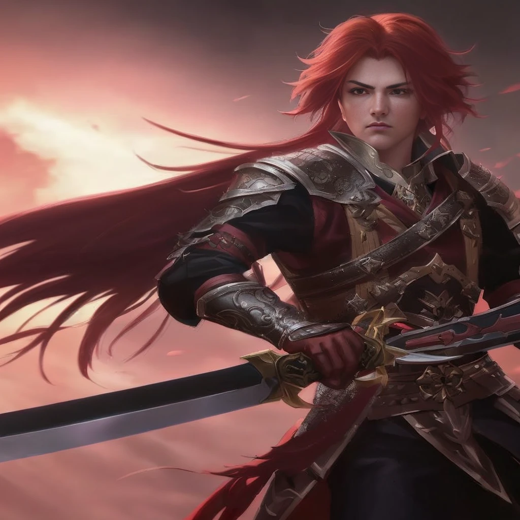 a close up of a person holding a sword and a sword, female redhead templar, Stunning character art, epic exquisite character art, redhead queen in heavy red armor, zhongli from genshin impact, 8k high quality detailed art, portrait of dragoon, male warrior, chengwei pan on artstation, bian lian, epic fantasy art style hd