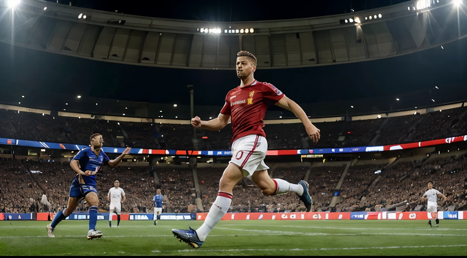 Soccer match between Chelsea and Liverpool teams in a stadium full of spectators in Europe. 40-year-old Brad Pitt with short hair running on the field.
"Using advanced algorithms of artificial intelligence and the most accurate settings to control the players' movements, it is ensured that unnatural interactions during the crossing of hands and feet are reduced to a minimum."