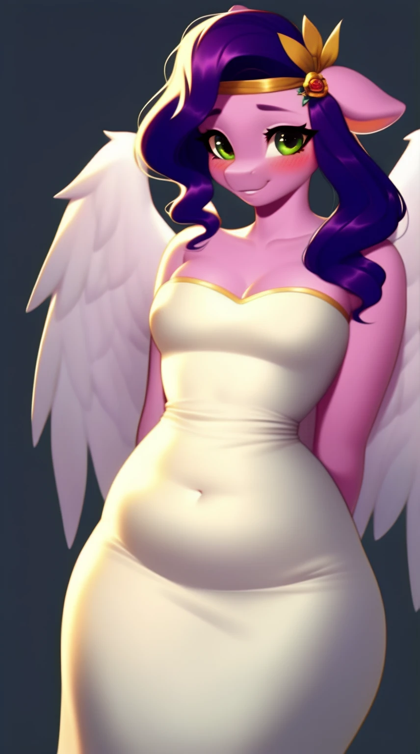 queen angela (she-ra and the princesses of power), Women, Futanari, huge cock, cock in sight, big breasts, wearing a wedding dress, wedding costume, without veil, alone,