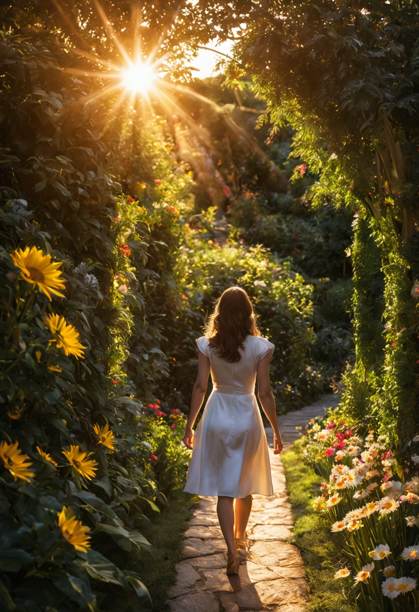 1 girl "Alexandra Daddario", dentro de um jardim de FLORES brancas，e o sol brilhava intensamente，The light from the back window is backlighted, Existe um caminho no meio do mar de flores，there is space between，There is a path in the center of the screen，The path leads to the distance，Quase real e muito virtual，FLORES brancas，There&#39;uma estrada no meio que leva para longe，the setting sun，变得 and the sun shone brightly，rico em detalhes，fotorrealista，Realismo，4K分辨率，textura rica，The painting style is smooth