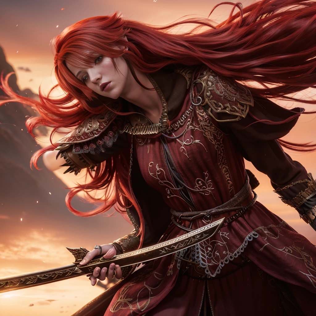 Close up of red-haired woman holding sword, epic exquisite character art, female redhead templar, Stunning character art, redhead queen in heavy red armor, 2. 5 d cgi anime fantasy artwork, epic fantasy art style hd, shadowverse style, detailed fantasy art, 8k high quality detailed art, lady in red armor, Detailed Digital Anime Art