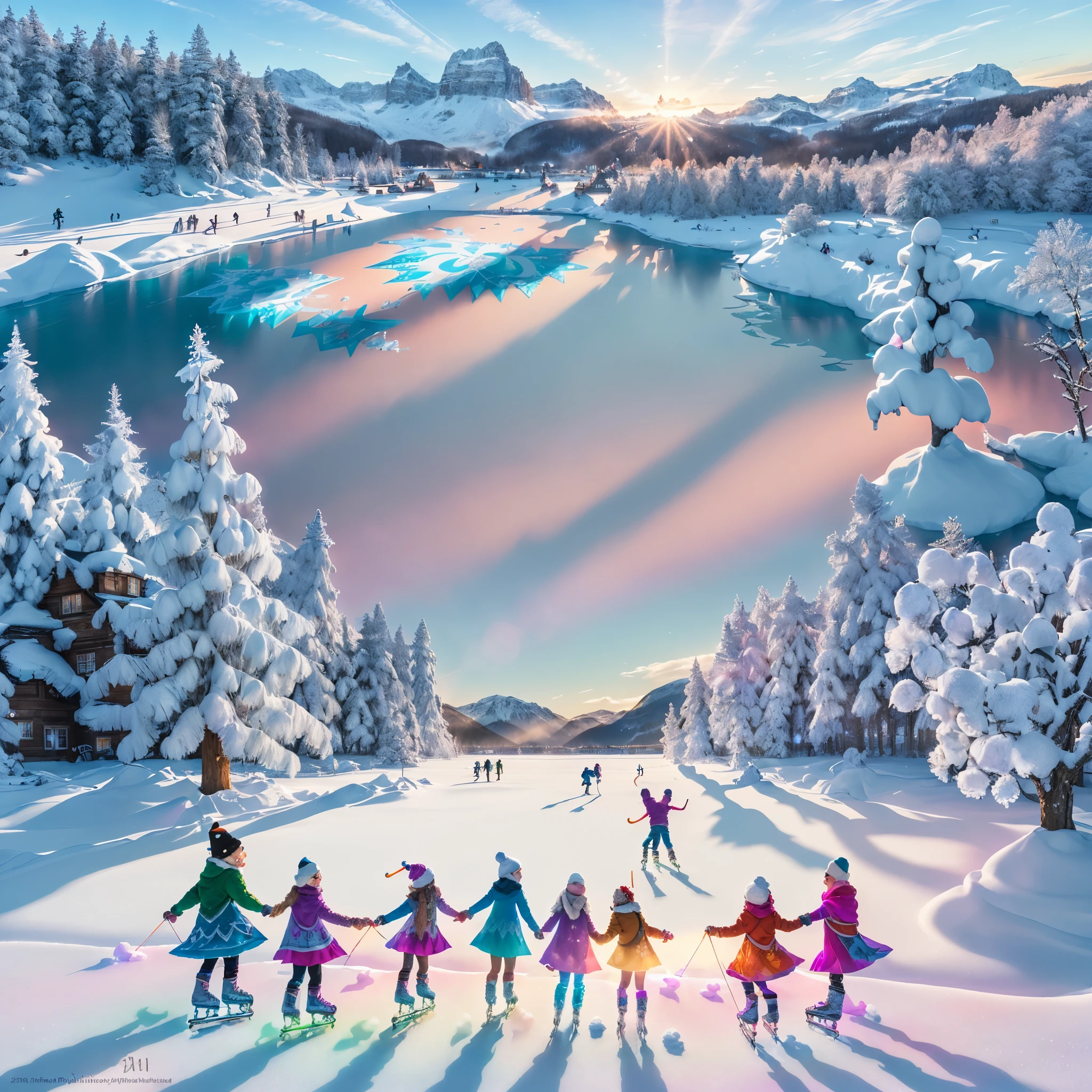 winter wonderland,castle,fun,colorful,(best quality,4k,8k,highres,masterpiece:1.2),ultra-detailed,(realistic,photorealistic,photo-realistic:1.37), and snow,glistening snowflakes,snow-capped trees,sparkling icicles,beautifully carved  sculptures,a majestic castle in the distance,snow-covered hills and mountains,a frozen lake with children -skating,intricate patterns in the ,rays of sunlight breaking through the clouds, vibrant and bright colors,pinks, blues, purples, and whites,playful snowball fights and laughter,children building a snowman with carrot noses and scarves