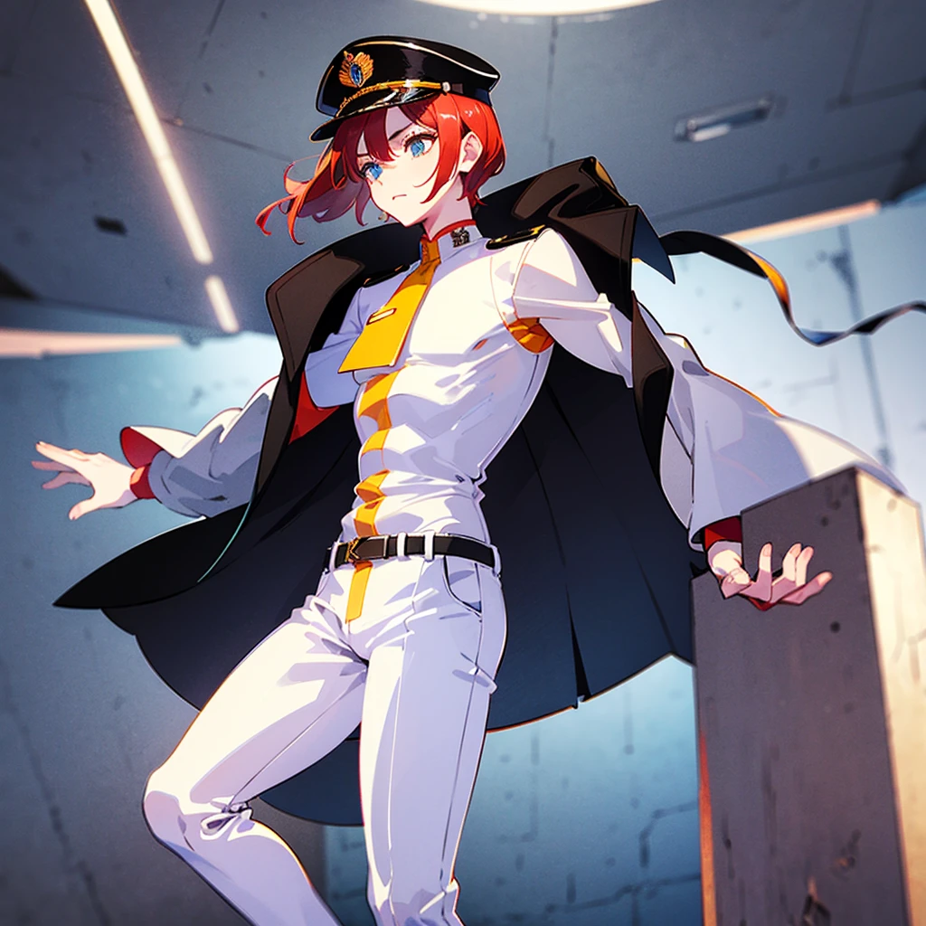 (((masterpiece)))、(((Top image quality)))、(((top-quality)))、(Illustration of one woman)、30-years old、(Viceroy)、((Red-haired shorthair))、(Thin hair hanging down both sides of the face)、Blue eyes、((Tall))、((Muscle Woman、stocky build、muscular legs、broad shoulders、solid chest))、((Military uniforms))、((Military Cap))、((Military coat))、(white clothes)、(White pants)、(White cap)、trench coat、((Inside the spaceship))