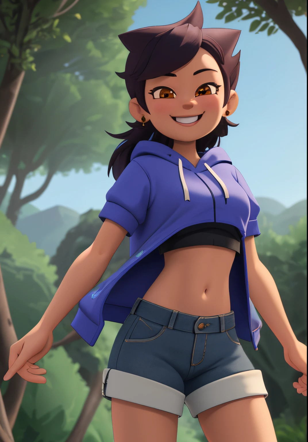 high quality 3d image of close up,smiling,looking at the camera,masterpiece,high detail,shorts,hoody,in a forest,exposed midriff,standing,