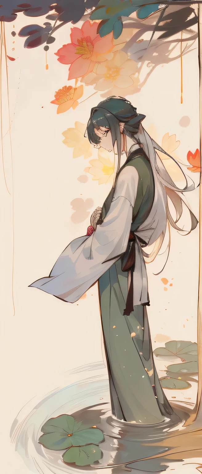 ((4K,tmasterpiece,Best quality at best)), shuimobysim, Traditional chinese painting, lotus flower, Hanfu, maxis kit, Conservative Dress 1 Boys, Alone, Long white hair, ssmile, The stands up, Feet in the water, Barefoot,