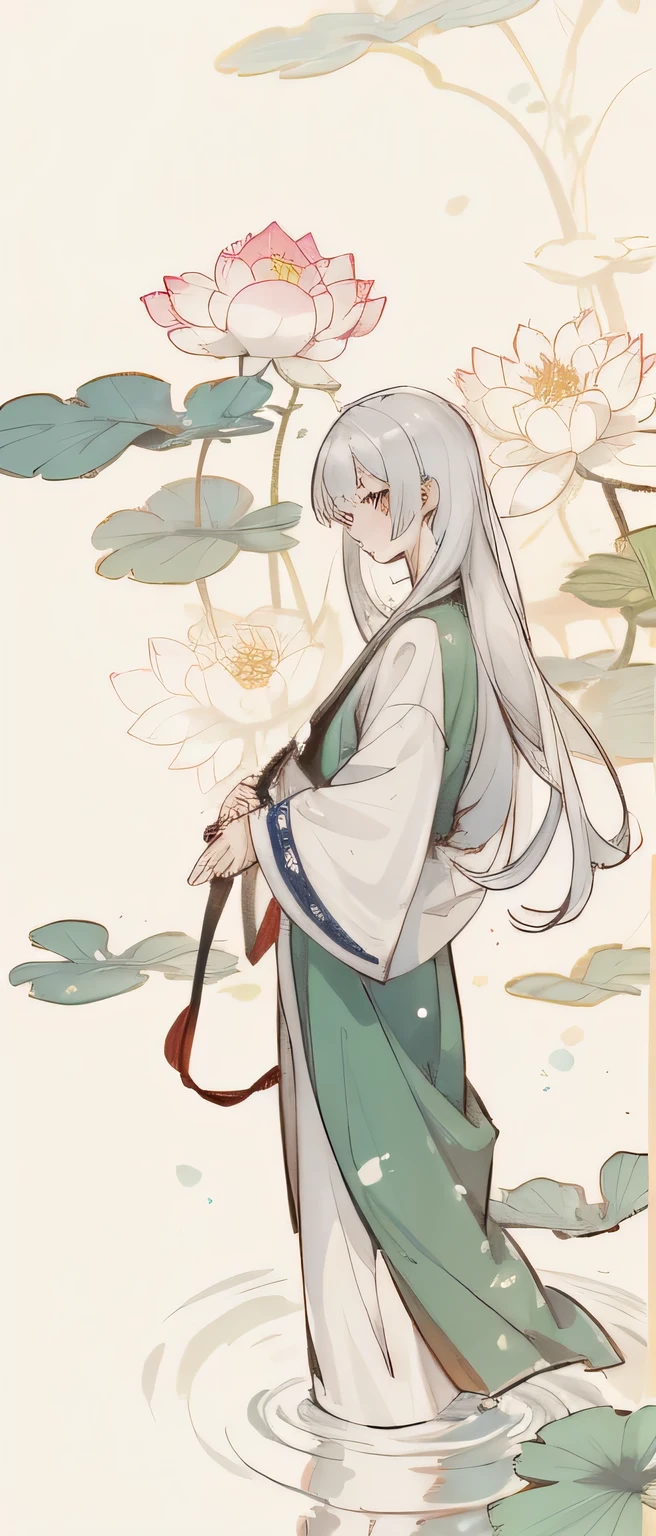 ((4K,tmasterpiece,Best quality at best)), shuimobysim, Traditional chinese painting, lotus flower, Hanfu, maxis kit, Conservative Dress 1 Boys, Alone, Long white hair, ssmile, The stands up, Feet in the water, Barefoot,