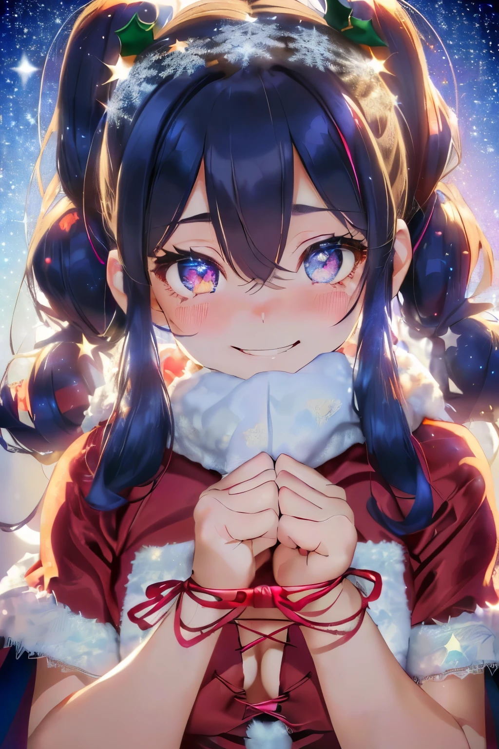 (Shiny navy hair),(Fluffy twin tails with curls:1.2),(Light pink eyes),(With bangs),Slight red tide,(cute smiling face:1.25),(lace-up santa costume:1.4),(Underwear that looks like strings all over the body:1.45),(place々clothes with lace:1.3),(Pin heel pumps),(A night when the moon shines beautifully),(Holy Night),(Snow is piled up),(Colorful and beautiful Christmas illuminations),(Gorgeous Christmas Tree),(🎄),(They're having a good time.:1.25),(A fluffy and fluffy cape is draped over his shoulders.),(lots of christmas presents:1.3),(close up of face:1.5),(Eye size:1.7),(Inside your eyes are shining like stars:1.65),(nsfw:1.3),