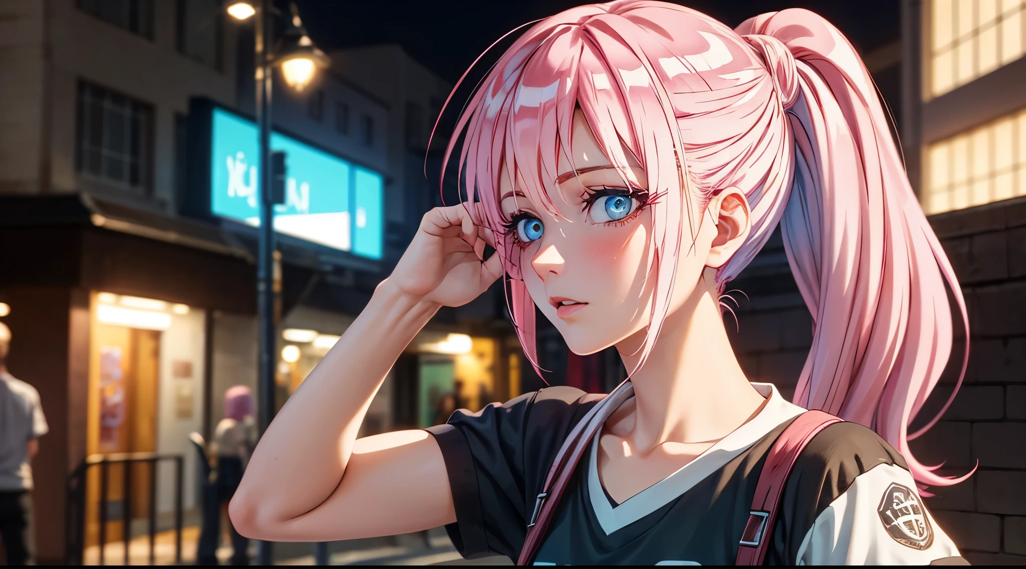 1girl, Shikimori, ribbon, gym uniform, t-shirt, short sleeves ,parody, upper body, pink hair, long hair, high ponytail looking at viewer, highly detailed background, (photo realistic:1.2), detailed eyes, red eyeshadow, depth of field, symmetry eyes, (ulzzang-6500:0.7), upper body, (solo:1.2), (cyberpunk city:1.1), ((young female)), perfect face, beautiful face, colorful, beautiful blue eyes, sexy blush expressions, arms up, raise bangs, hands on own cheeks, hands in hair, normal hands, normal fingers, forehead, collarbone, style parody, good hand,4k, high-res, masterpiece, best quality, head:1.3,((Hasselblad photography)), finely detailed skin, sharp focus, (cinematic lighting), night, soft lighting, dynamic angle, [:(detailed face:1.2):0.2],(((city background))),