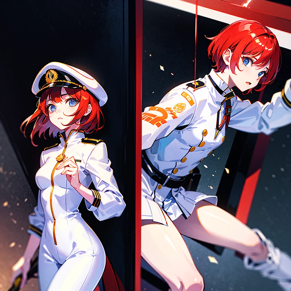 (((masterpiece)))、(((Top image quality)))、(((top-quality)))、(Illustration of one woman)、30-years old、(Viceroy)、((Red-haired shorthair))、(Thin hair hanging down both sides of the face)、Blue eyes、((Tall))、((Muscle Woman、stocky build、muscular legs、broad shoulders、solid chest))、((Military uniforms))、((Military Cap))、((Military coat))、(white clothes)、(White pants)、(White cap)、trench coat、((Inside the spaceship))